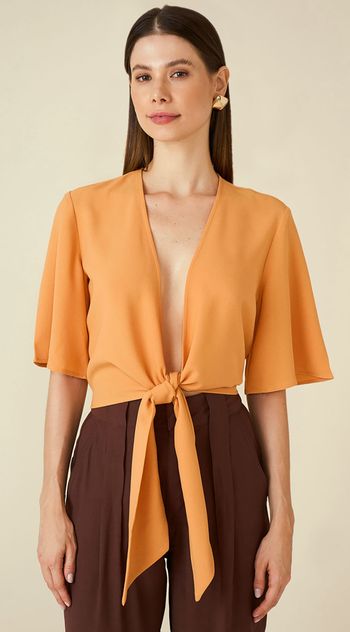 Blusa Maria.Valentina Decote V Manga 3/4 Amarração Frente Laranja PP / Laranja