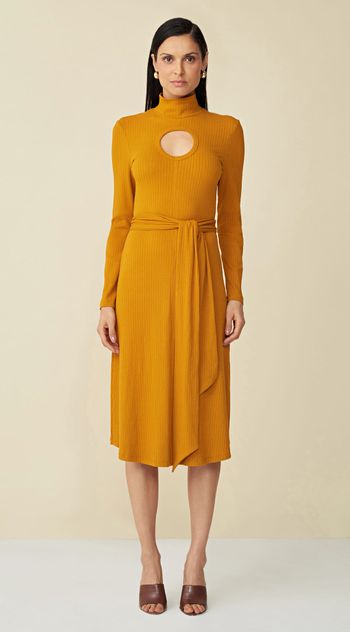 Vestido Maria.Valentina Midi Gola Alta Com Faixa Amarelo PP / Amarelo