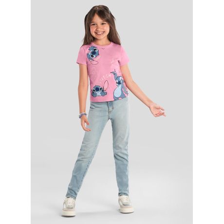Blusa Infantil Stitch Brandili Estampada Meia Malha Manga Curta Rosa