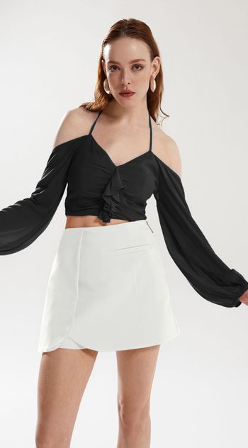 Blusa Iódice Frente Única Manga Longa Com Babado Preto PP / preto