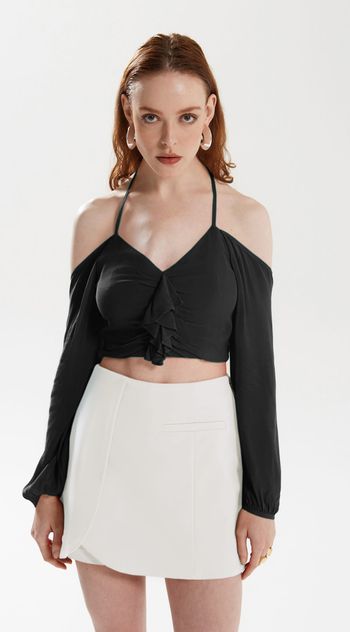 Blusa Iódice Frente Única Manga Longa Com Babado Preto PP / preto