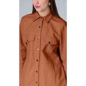 Camisa Maria.Valentina Detalhe Lapela Couro Manga Longa Caramelo