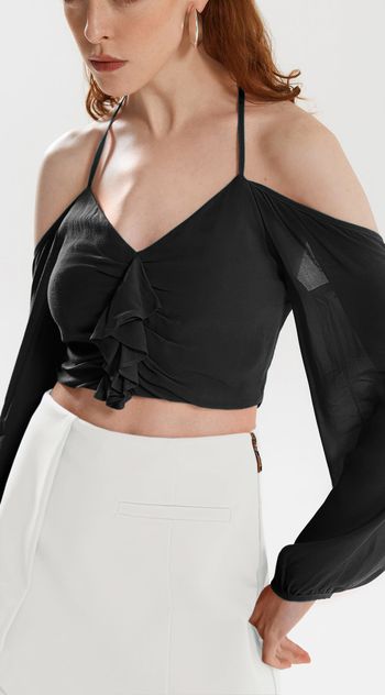 Blusa Iódice Frente Única Manga Longa Com Babado Preto PP / preto