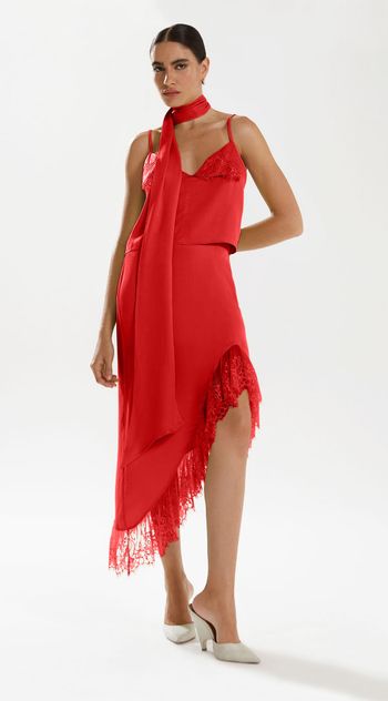 Saia Iódice Midi Assimétrica Detalhe Renda Vermelho 36 / Vermelho