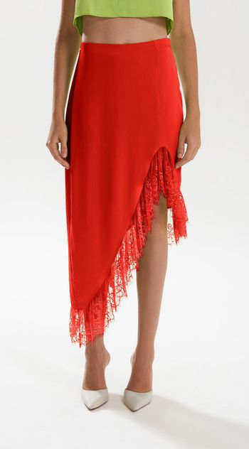 Saia Iódice Midi Assimétrica Detalhe Renda Vermelho 36 / Vermelho