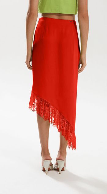 Saia Iódice Midi Assimétrica Detalhe Renda Vermelho 36 / Vermelho