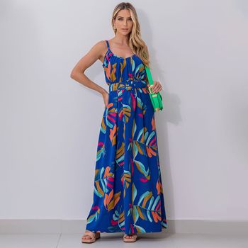Vestido Longo Estampado Alça Fina Azul GG / Azul