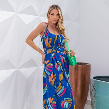 Vestido Longo Estampado Alça Fina Azul GG / Azul