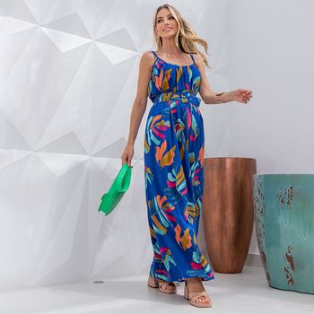 Vestido Longo Estampado Alça Fina Azul GG / Azul