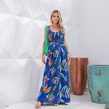 Vestido Longo Estampado Alça Fina Azul GG / Azul