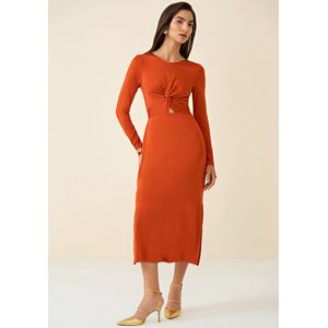 Vestido Maria Valentina Midi Justo Manga Longa Laranja