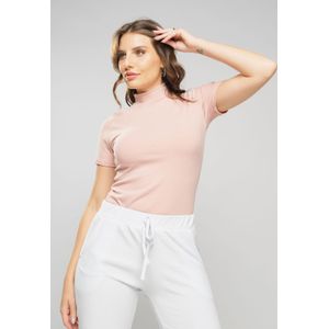 Blusa Gola Alta Ajustada Malha Canelada Manga Curta Lilás Salvatore Fashion