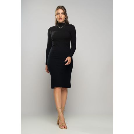 Vestido Midi Canelado Manga Longa Chumbo Salvatore Fashion