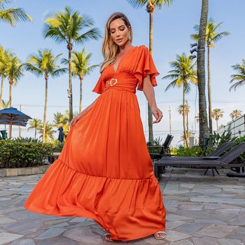 Vestido Longo Decote V com Fivela Laranja M / Laranja