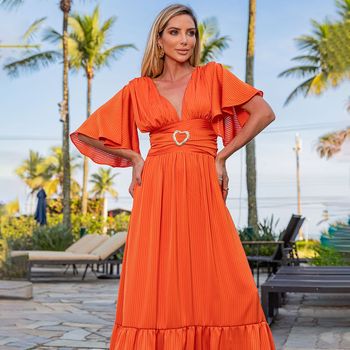 Vestido Longo Decote V com Fivela Laranja M / Laranja