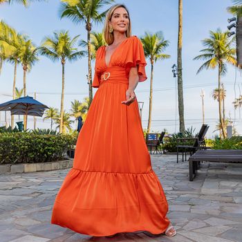 Vestido Longo Decote V com Fivela Laranja M / Laranja