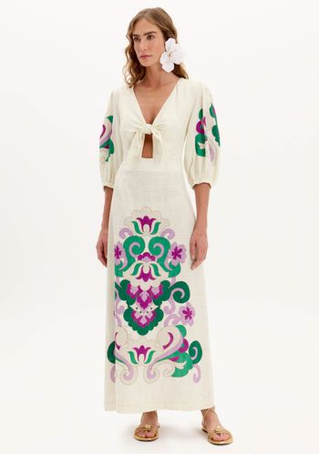 Vestido Super Midi Estampado Com Mangas Médias E Amarração P / A2108