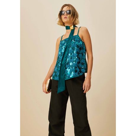 Blusa Morena Rosa Decote Reto Sem Manga Paetê Azul Turquesa