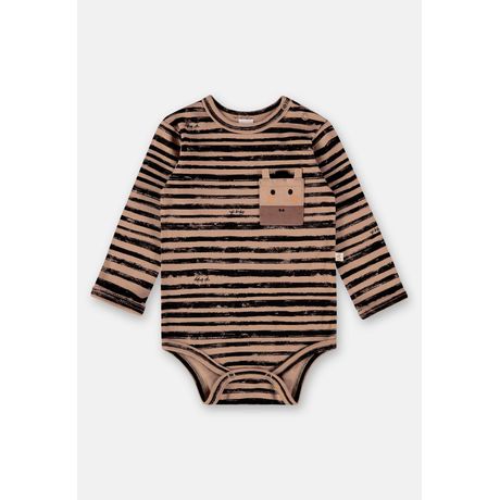 Body Zebra Up Baby Bebê Menino Justo Suedine Manga Longa Bege Escuro