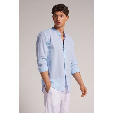 Camisa Colarinho Mandarim Regular Linho E Algodão Manga Longa Azul Claro