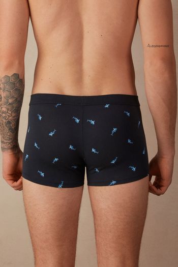 Cueca Boxer Em Algodão Supima Natural Fresh Com Estampa De Tubarões - Azul P / Azul