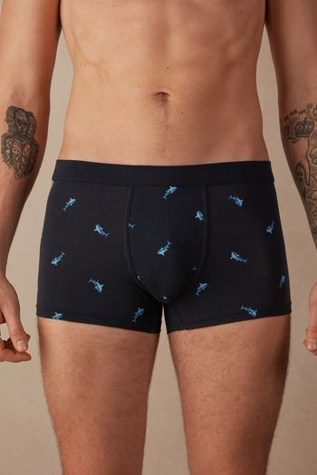 Cueca Boxer Em Algodão Supima Natural Fresh Com Estampa De Tubarões - Azul P / Azul