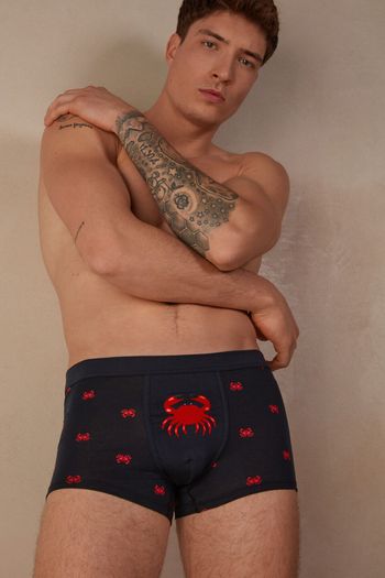 Cueca Boxer Em Algodão Supima Natural Fresh Com Estampado De Caranguejos - Azul GG / Azul