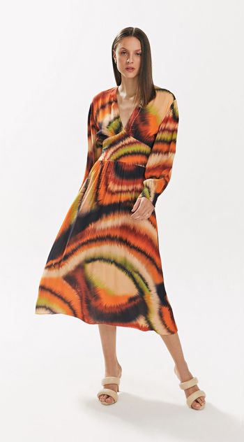 Vestido Iódice Midi Decote V Com Lastex Laranja P / Laranja/Verde