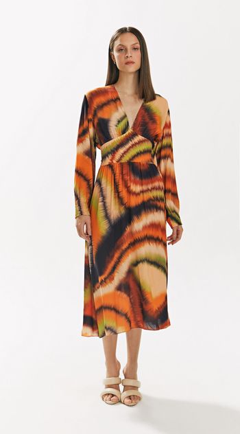 Vestido Iódice Midi Decote V Com Lastex Laranja P / Laranja/Verde