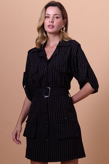 Vestido Colarinho Curto Com Cinto Smk Preto PP / Preto