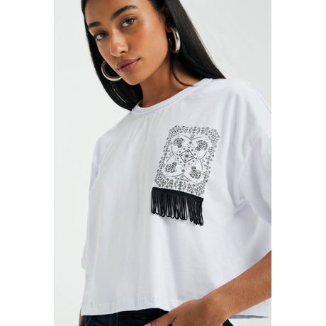 Blusa Feminina Estampa Com Franja Marialícia Meia Malha Manga Curta Branco