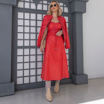 Saia Midi Couro Poliuretano  Vermelho GG / Vermelho