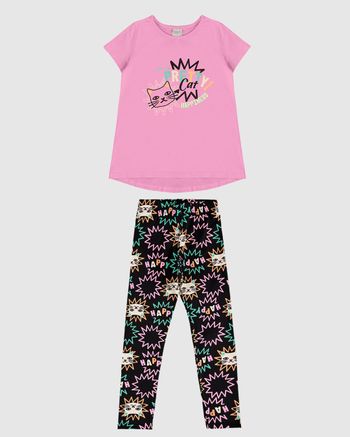 Conjunto Infantil Menina Blusa Pretty Cat E Legging Estampada Malwee Kids 10 / Rosa