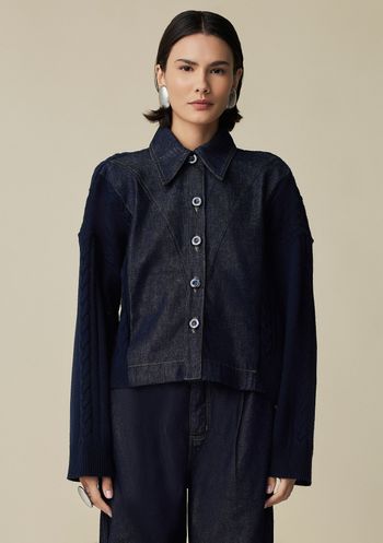 Camisa Maria.Valentina Manga Longa Composê De Tecidos Jeans PP / Jeans