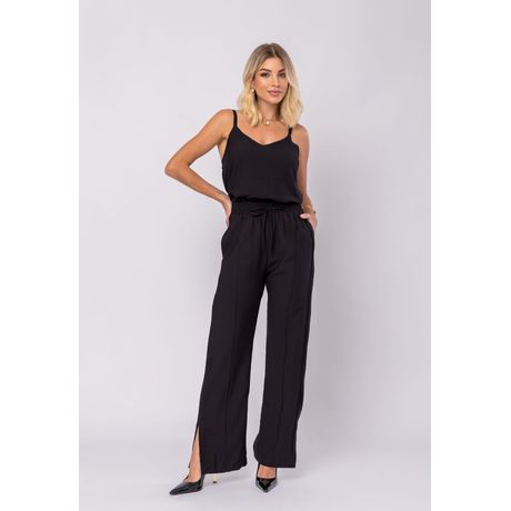Conjunto Feminino Alfaiataria Regata E Calça Fenda Alças Reguláveis Preto Salvatore Fashion