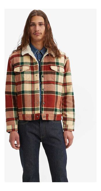 Jaqueta Levi's Plaid Sherpa Trucker Vermelha Xadrez G