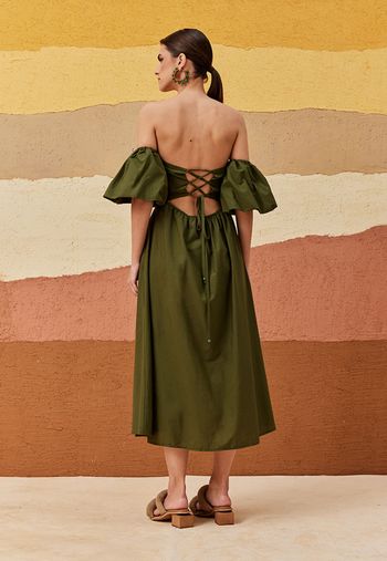 Vestido Tomara que Caia Manga Balonê M / Verde escuro