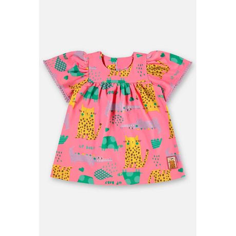 Vestido Bebê Algodão Up Baby Ampla Manga Curta Franzida Estampa Divertida 0-3M