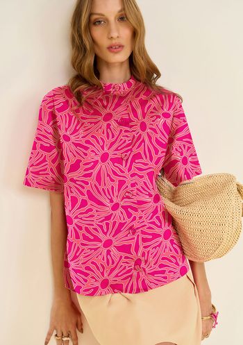 Camisa Zinco Ajustada Decote Careca Manga Curta Padrão Rosa PP / Rosa