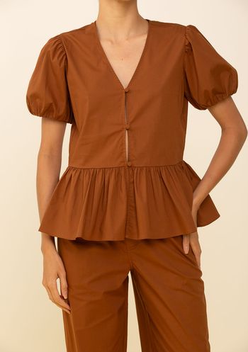 Blusa Zinco Ajustada Decote V Manga Curta Padrão Marrom P / Marrom