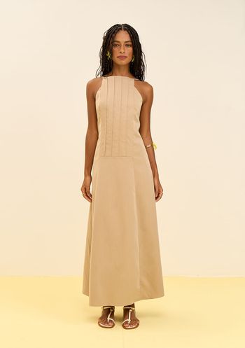 Vestido Zinco Solto Decote Reto Com Alça Longo Bege P / Bege