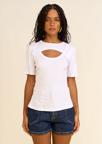 Blusa Zinco Ajustada Decote Careca Manga Curta Padrão Branco PP / Branco