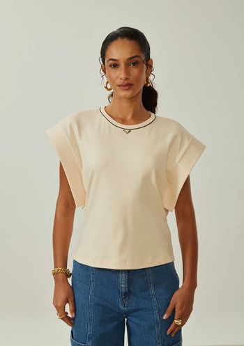 Blusa Maria.Valentina Solta Decote Careca Manga Curta Padrão Bege PP / Bege