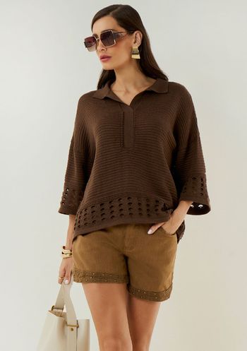 Camisa Maria.Valentina Oversized Gola Tradicional Manga Curta Padrão Marrom PP / Marrom
