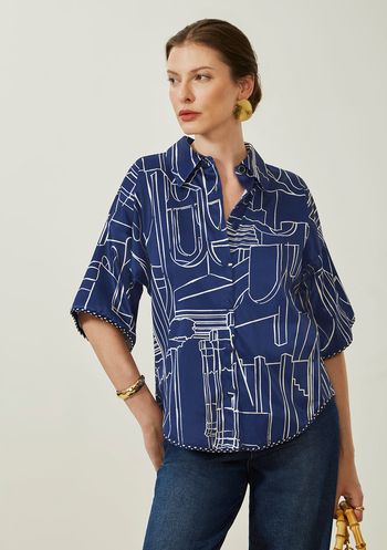 Camisa Maria.Valentina Solta Gola Clássica Manga Curta Padrão Azul PP / Azul