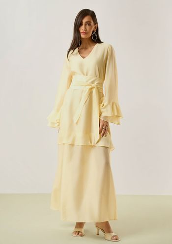 Vestido Maria.Valentina Solto Decote V Manga Longa Longo Amarelo PP / Amarelo