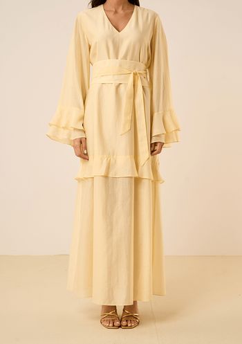 Vestido Maria.Valentina Solto Decote V Manga Longa Longo Amarelo PP / Amarelo