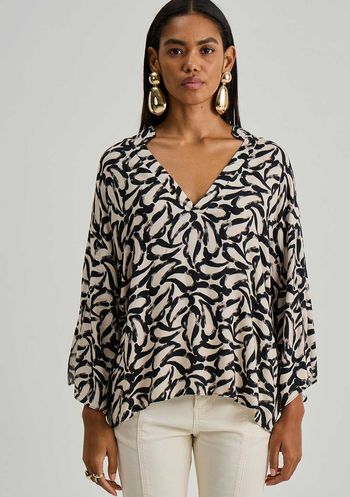 Camisa Iódice Solta Decote V Manga Longa Alongada Preto PP / preto