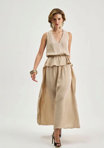 Vestido Iódice Solto Decote V Sem Manga Midi Bege P / bege