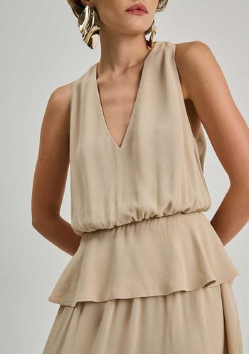 Vestido Iódice Solto Decote V Sem Manga Midi Bege P / bege